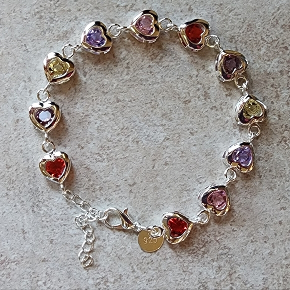 Beautiful New 925 stamped Silver plated multi colored heart bracelet - Picture 6 of 12